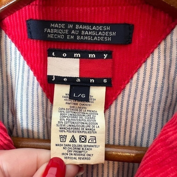 Tommy Hilfiger VINTAGE Y2K red corduroy front button flag logo jacket size large - Picture 6 of 7